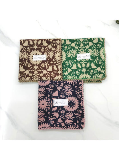 Scarvii Ornate Botanical Square Scarf with visible stitching and detailed floral artwork