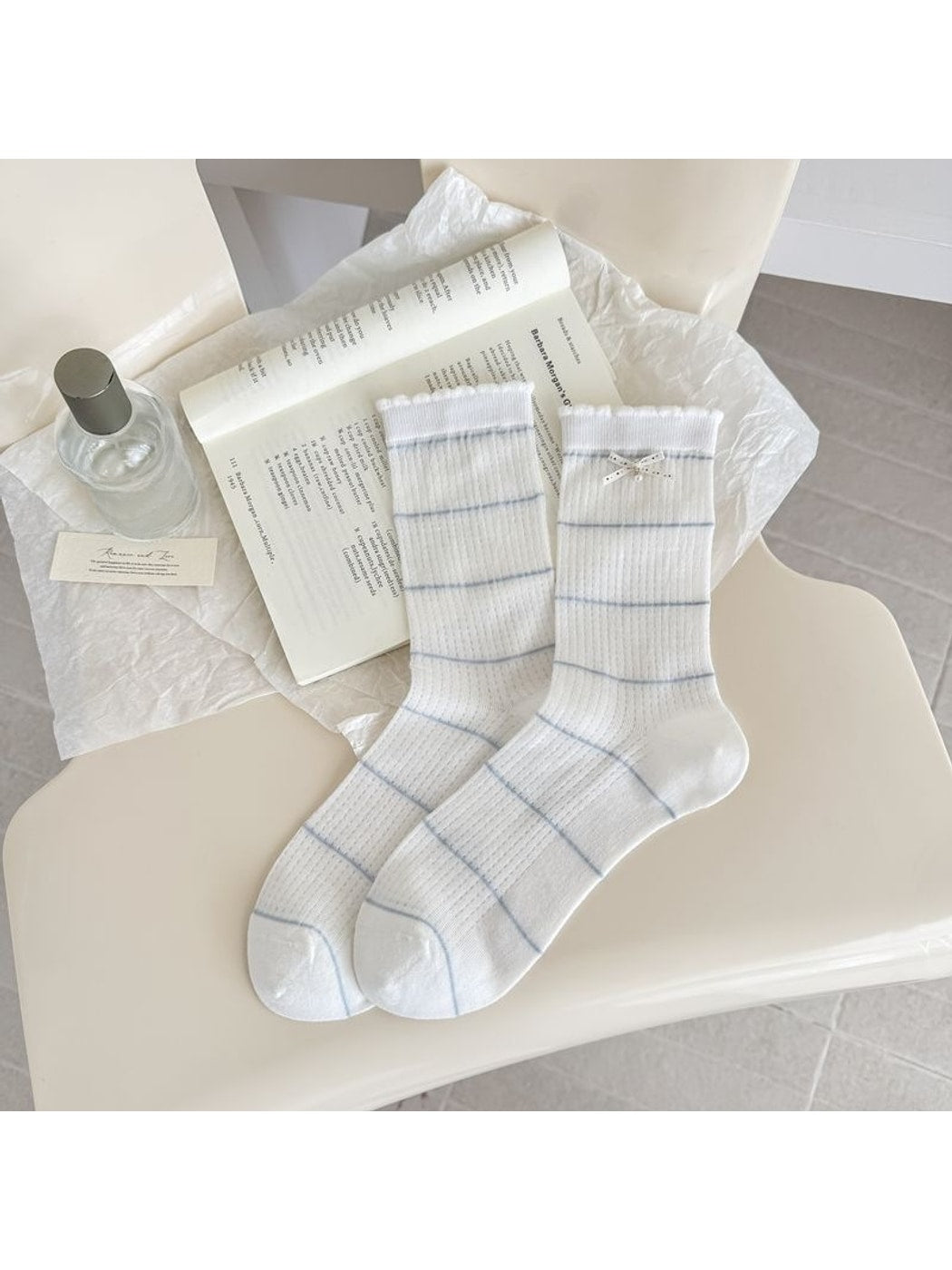 Rufia - Simple Bow Pattern Ribbed Crew Socks