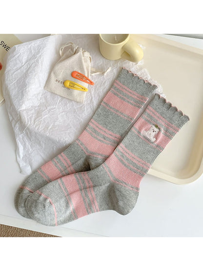 Close-up of sock heel and toe area on Rufia Soft Stripe Bear Crew Socks