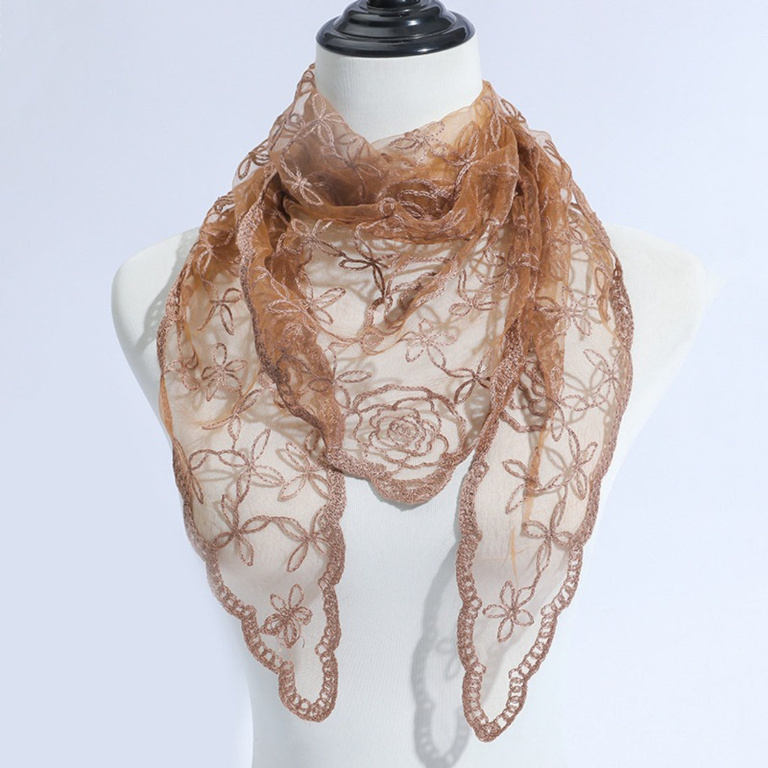 Haila Rose Vine Lace Veil Scarf styled as a shawl over a white dress