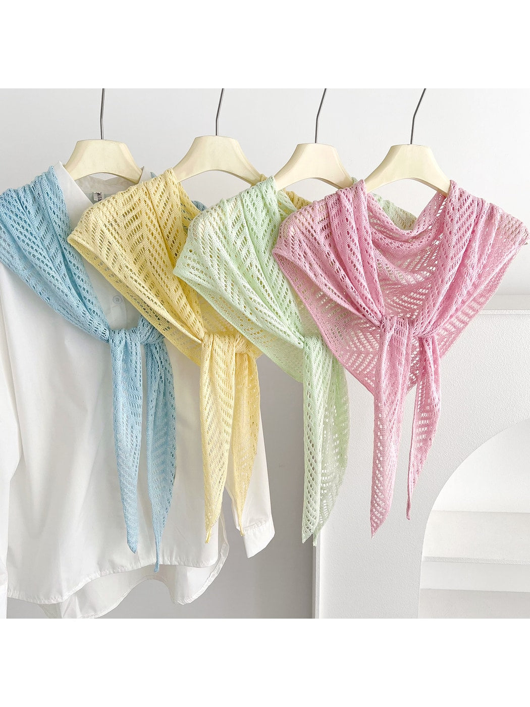 Scarvii - Openwork Knit Solid Color Triangle Scarf