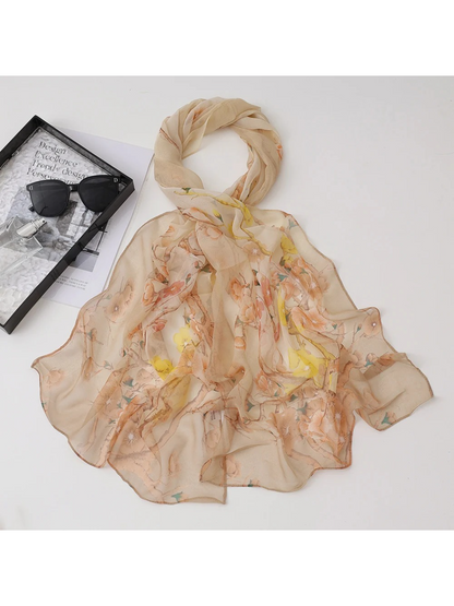 Scarvii - Floral Branch Print Sheer Long Scarf