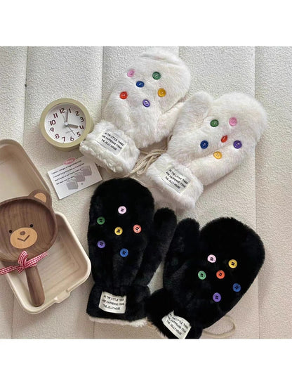 Gloving - Cute Button Detail Plush Winter Mittens