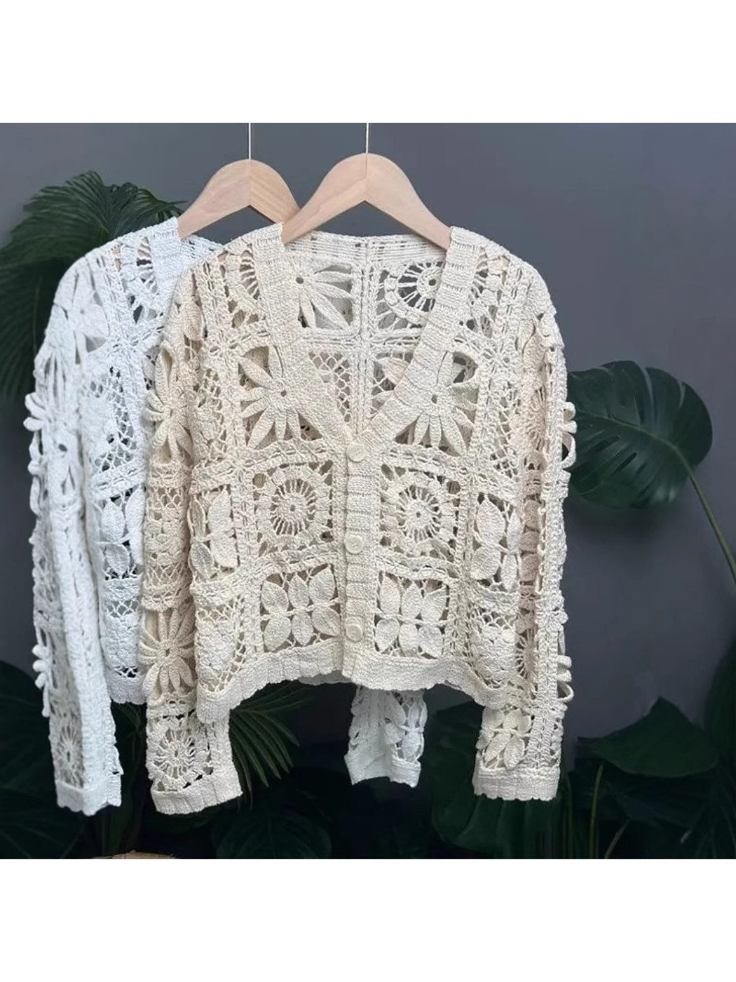 Crosa - Short Style Openwork Knit V Neck Cardigan