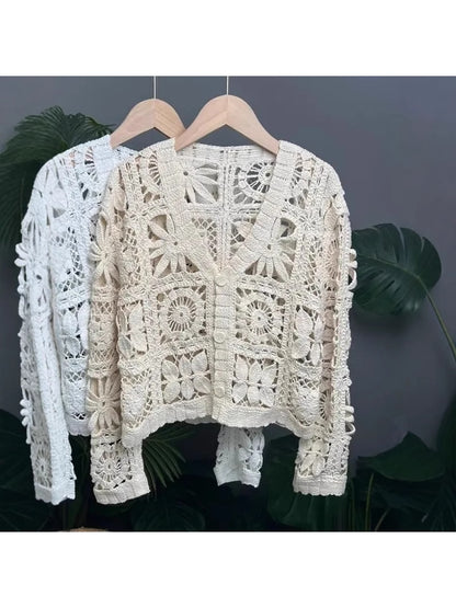 Crosa - Short Style Openwork Knit V Neck Cardigan