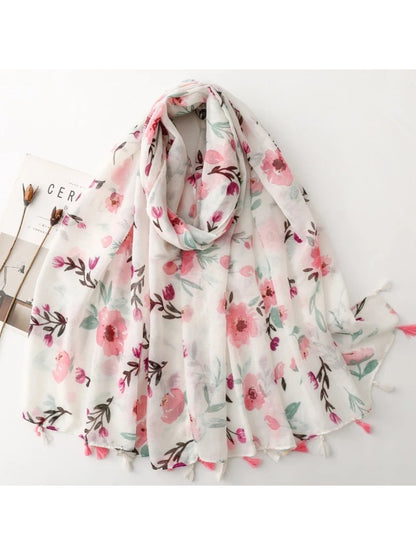 Scarvii - Pink Watercolor Floral Tassel Wrap Scarf