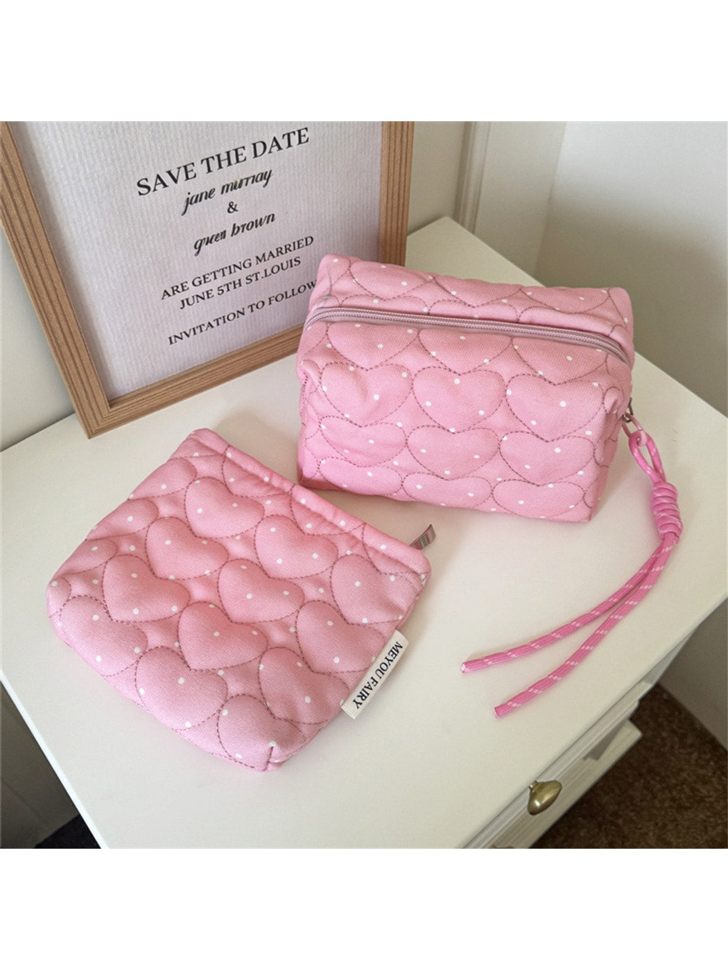 Cosbai - Polka Dots Print Heart Quilted Cosmetic Bag