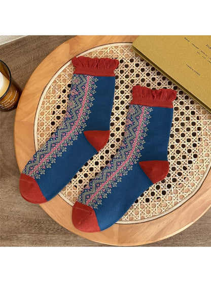 Rufia - Retro Pattern Ruffle Crew Socks