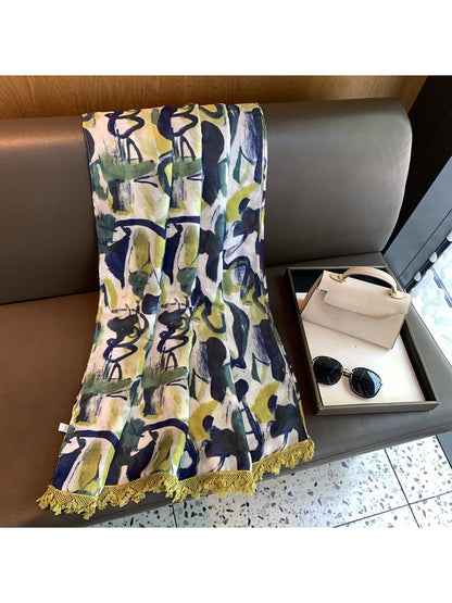 Scarvii - Abstract Print Fringe Rectangular Scarf