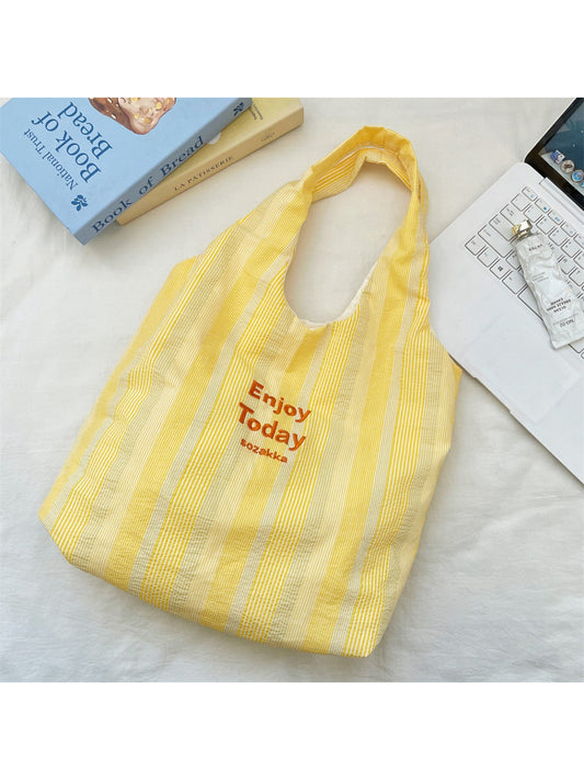Cosbai Enjoy Today striped tote bag with black and white horizontal stripes on a white background