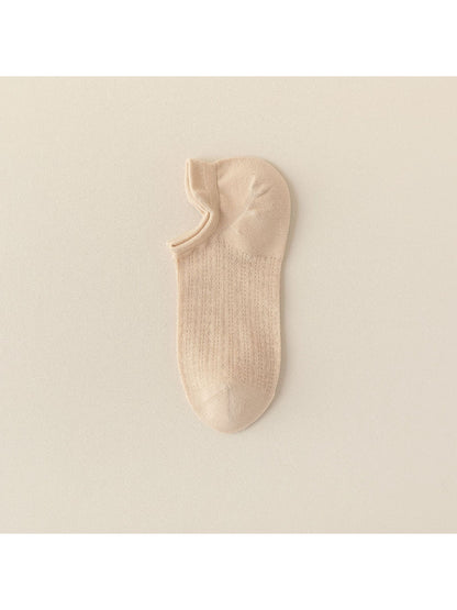 Close-up of sock heel and toe area of beige liner sock