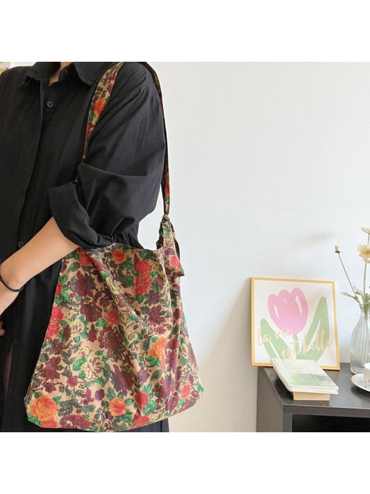 Cosbai Painterly Rose Slouch Tote in soft fabric with rose print, front view