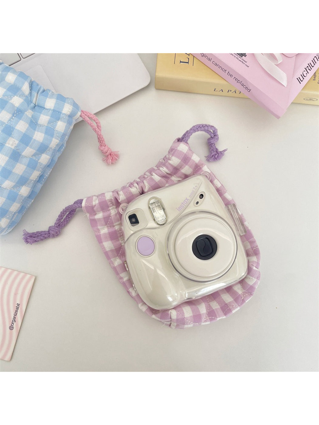 Cosbai - Gingham Padded Drawstring Pouch Bag