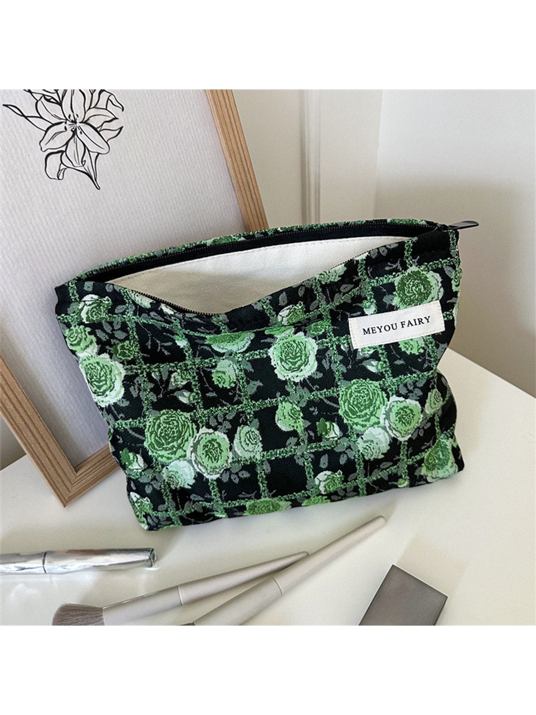 Cosbai - Floral and Grid Pattern Zip Pouch