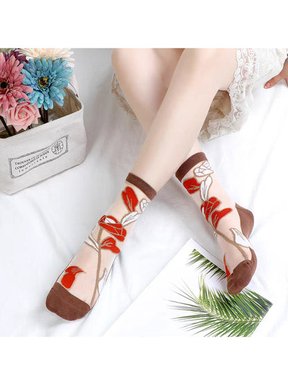 Rufia - Colorblock Sheer Floral Design Socks