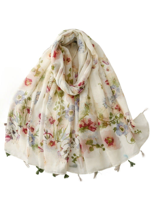 Scarvii Watercolour Wildflower Tassel Scarf folded showing floral watercolor pattern and tassels