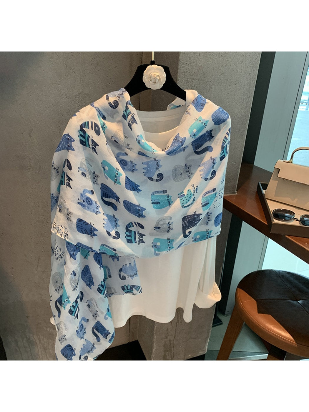Scarvii - Blue Tone Cartoon Cat Pattern Scarf