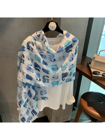 Scarvii - Blue Tone Cartoon Cat Pattern Scarf