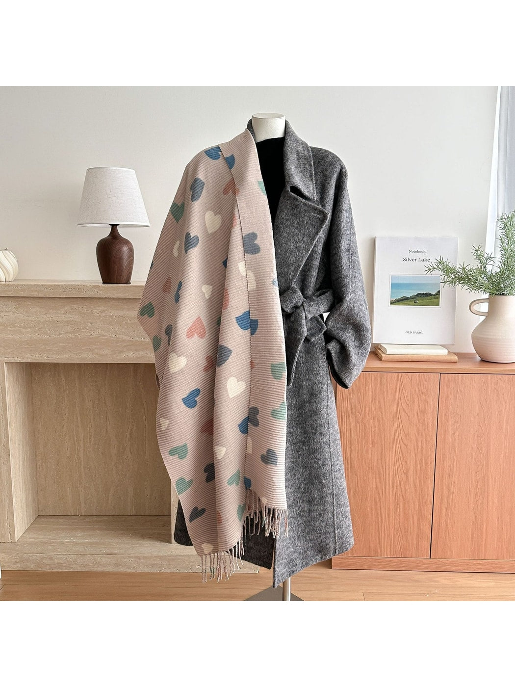 Scarvii - Ribbed Heart Pattern Fringed Winter Scarf