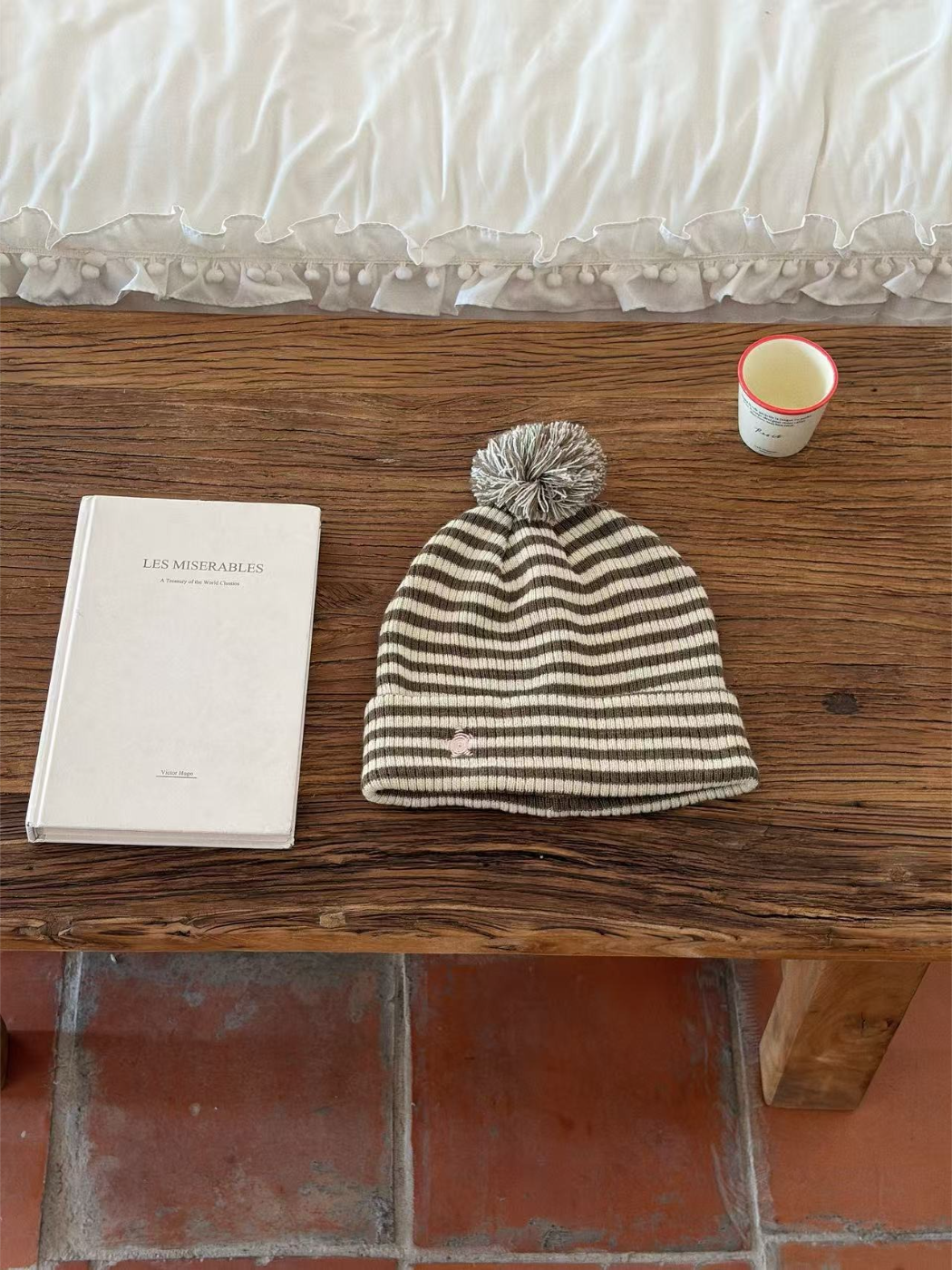 Haila - Striped Ribbed Pom Pom Beanie