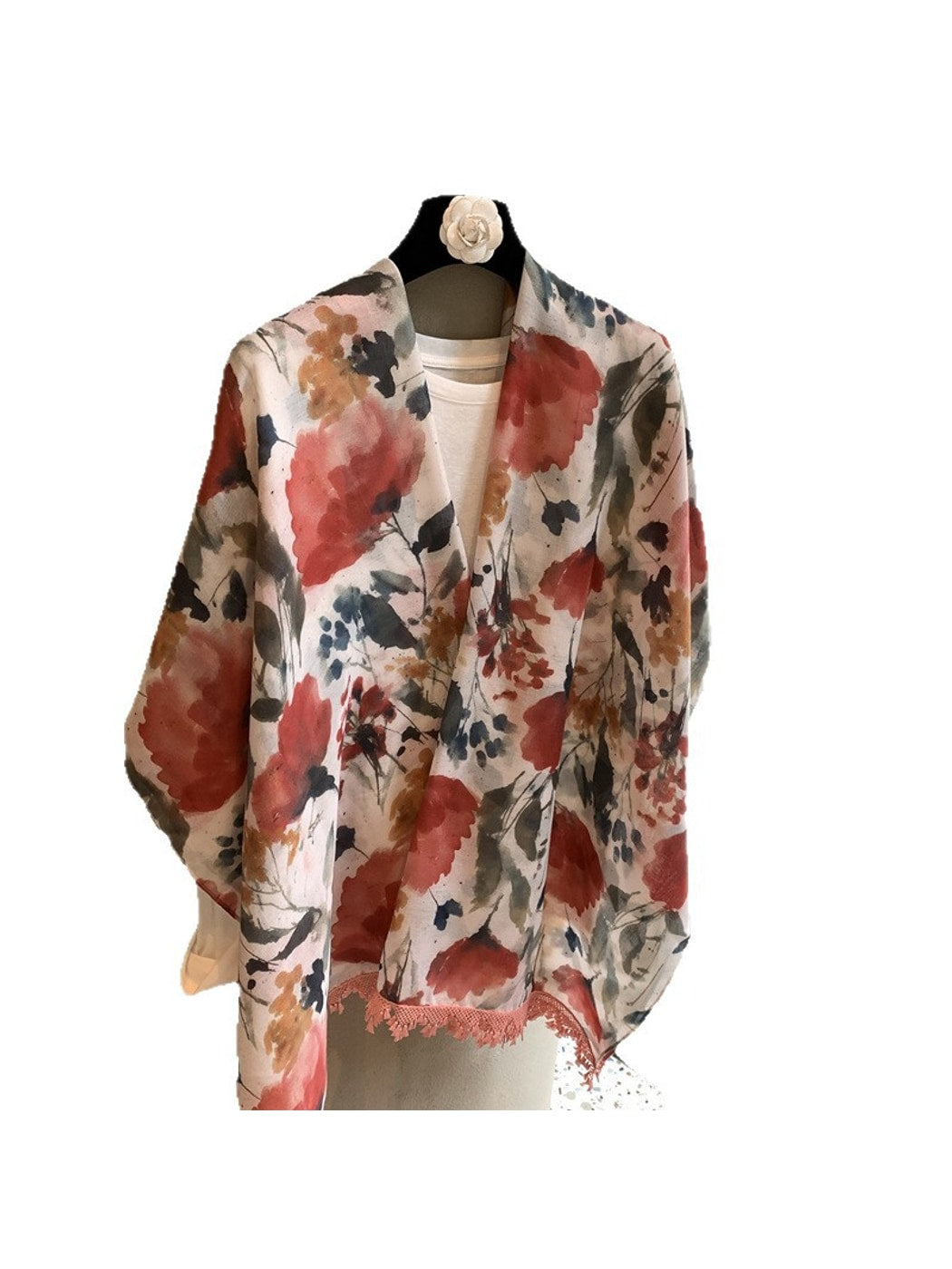 Scarvii - Floral Print Tassel Edge Long Scarf