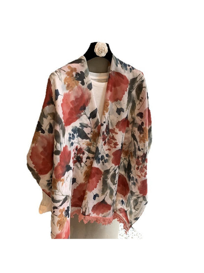 Scarvii - Floral Print Tassel Edge Long Scarf