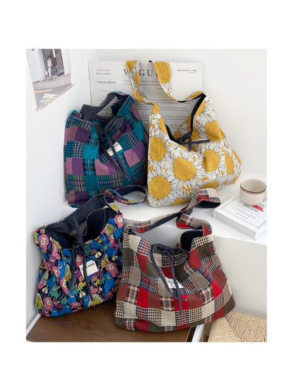 Side view of Cosbai Pattern Drawstring Bucket Bag showing drawstring closure and strap