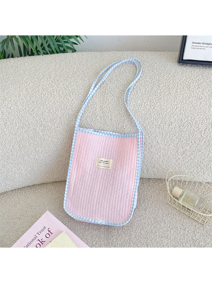 Top view of Cosbai Soft Gingham Trim Tote Bag open to show interior space