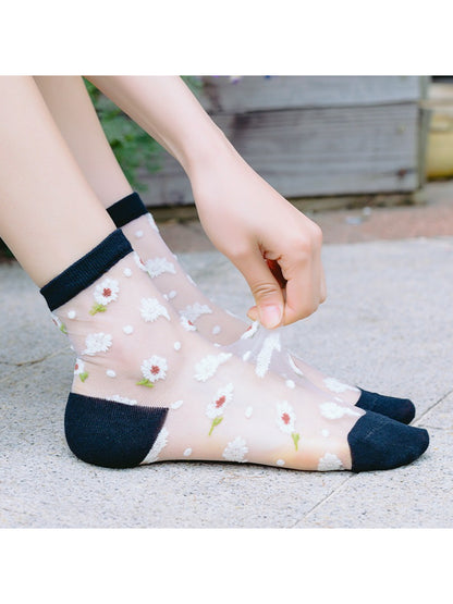Rufia - Soft Floral Mesh Sheer Crew Socks