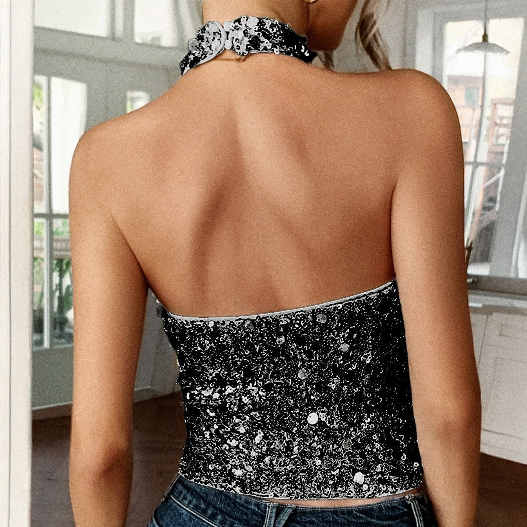 Vesty - Elegant Sequined Halter Top - Timeless Glamour