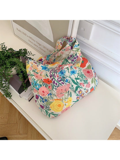 Cosbai - Painterly Floral Pattern Soft Shoulder Tote Bag