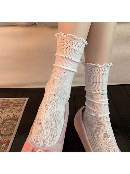 Rufia - Ruffle Edge Floral Knit Crew Socks