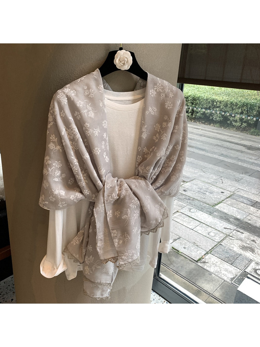 Scarvii - Floral Embroidered Lace Trim Shawl Scarf