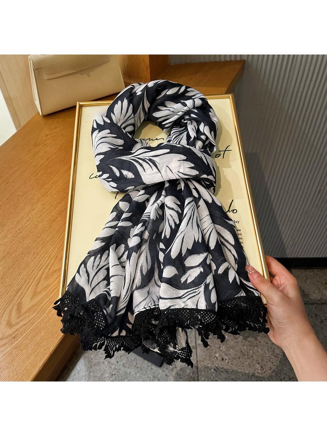 Scarvii - Leaf Print Lace Trim Lightweight Wrap Scarf