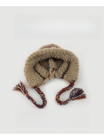 Haila - Plush & Heavyweight Color-Block Earflap Beanie with Tassels