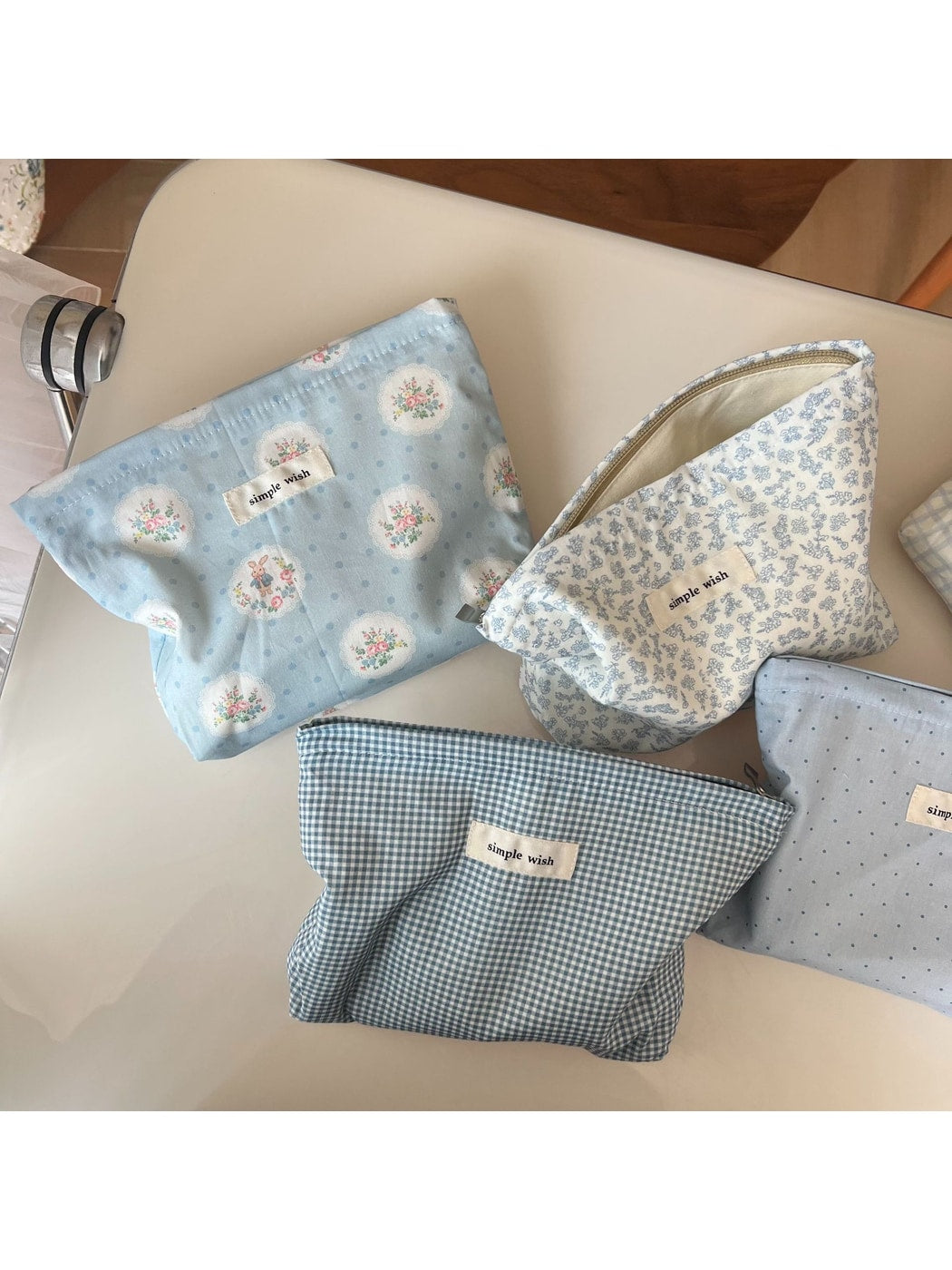Cosbai - Blue Tones Plaid and Floral Makeup Bag