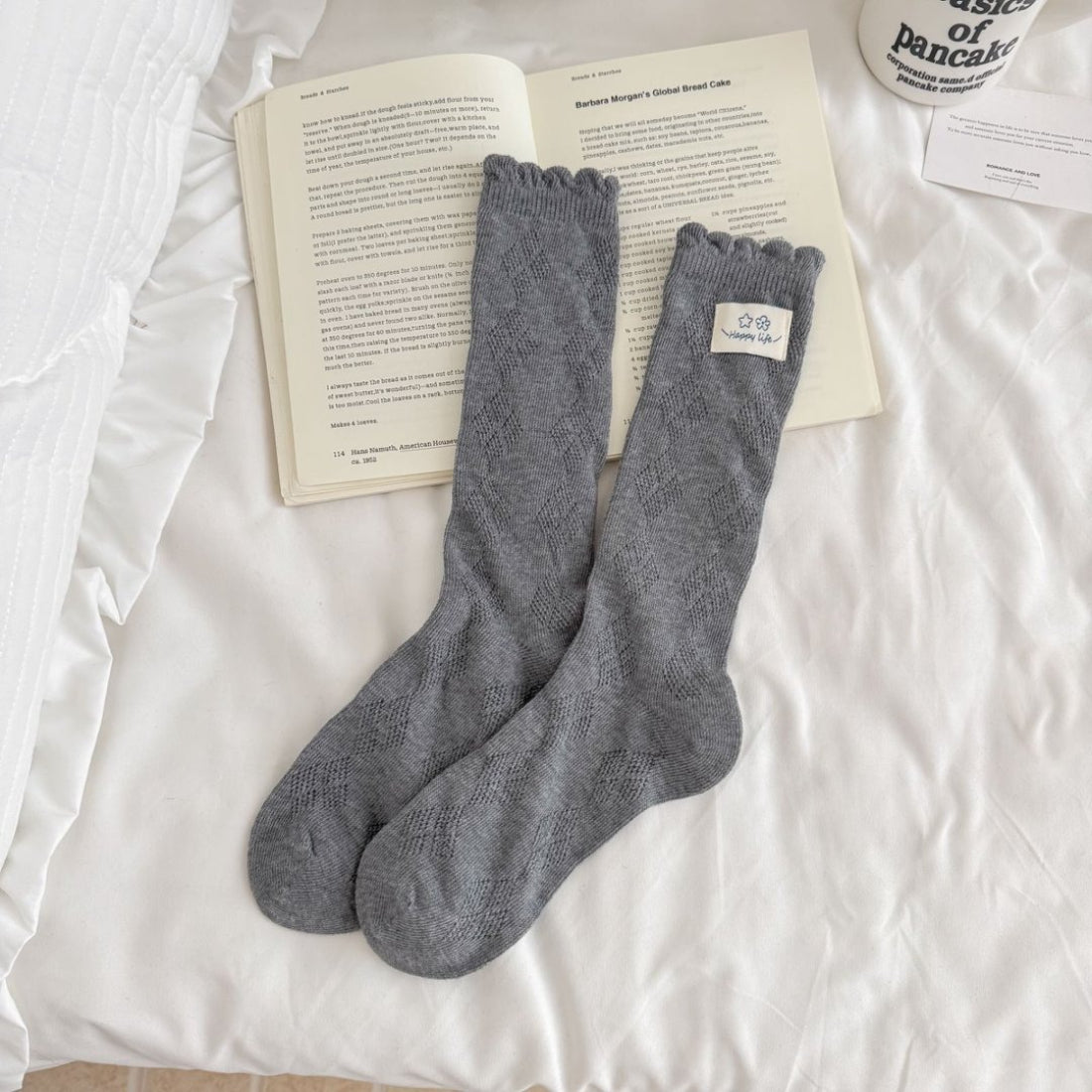 Rufia Fine Stripe Charm Crew Socks worn on feet showing fit and stripe pattern