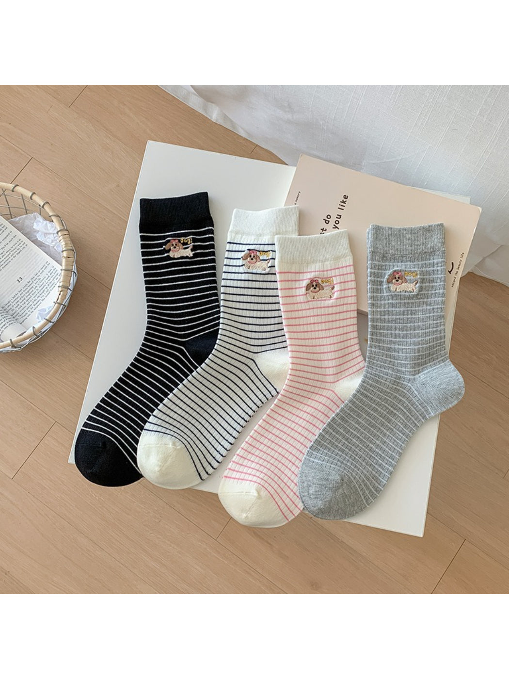 Rufia - Striped Puppy Embroidery Crew Socks