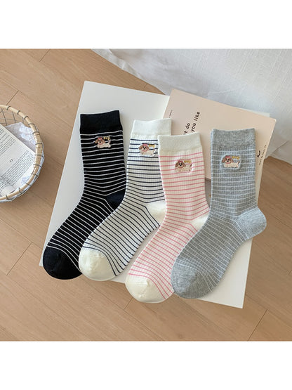 Rufia - Striped Puppy Embroidery Crew Socks
