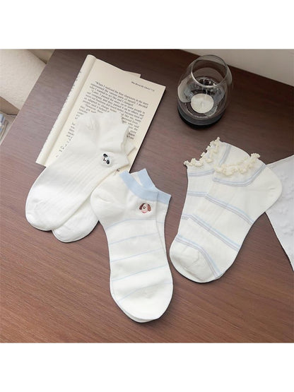 Rufia - Cartoon Dog Embroidered Striped Ankle Socks
