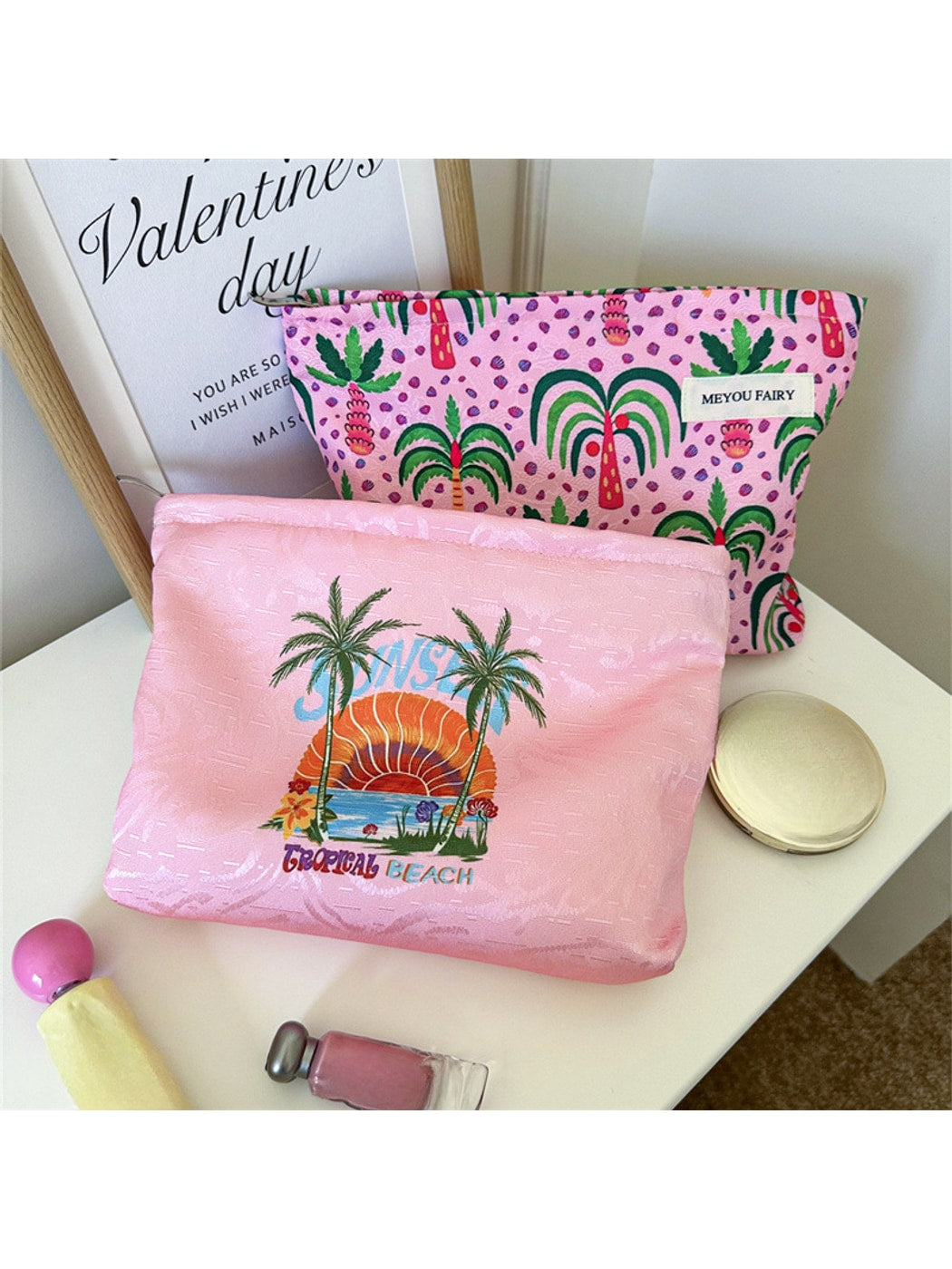 Cosbai - Tropical Coconut Trees Print Zip Pouch