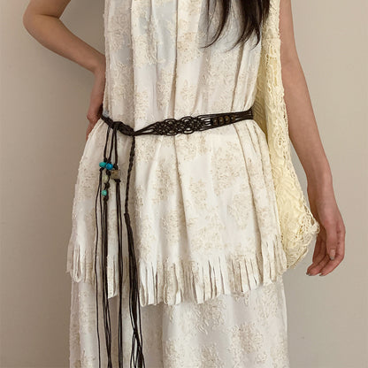 Beco Blue Beaded Braided Wide Tassel Tie Waist Belt showing tassel detail