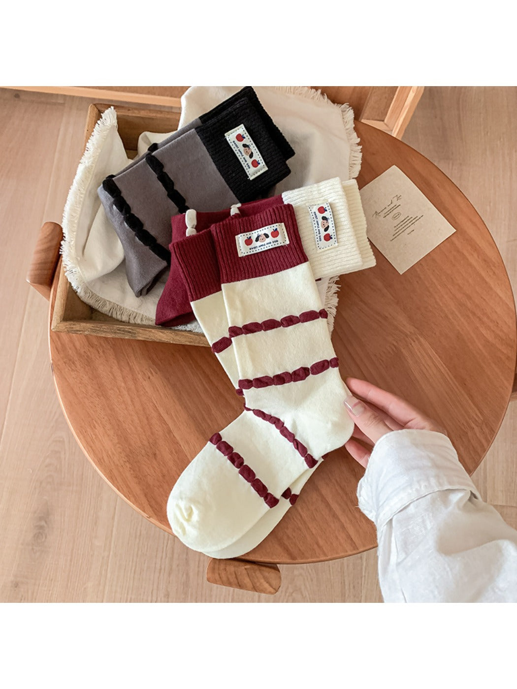 Rufia - Bubble Striped Mid-Calf Socks with Cartoon Label