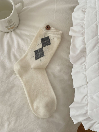 Rufia - Argyle Crew Socks with Button Detail