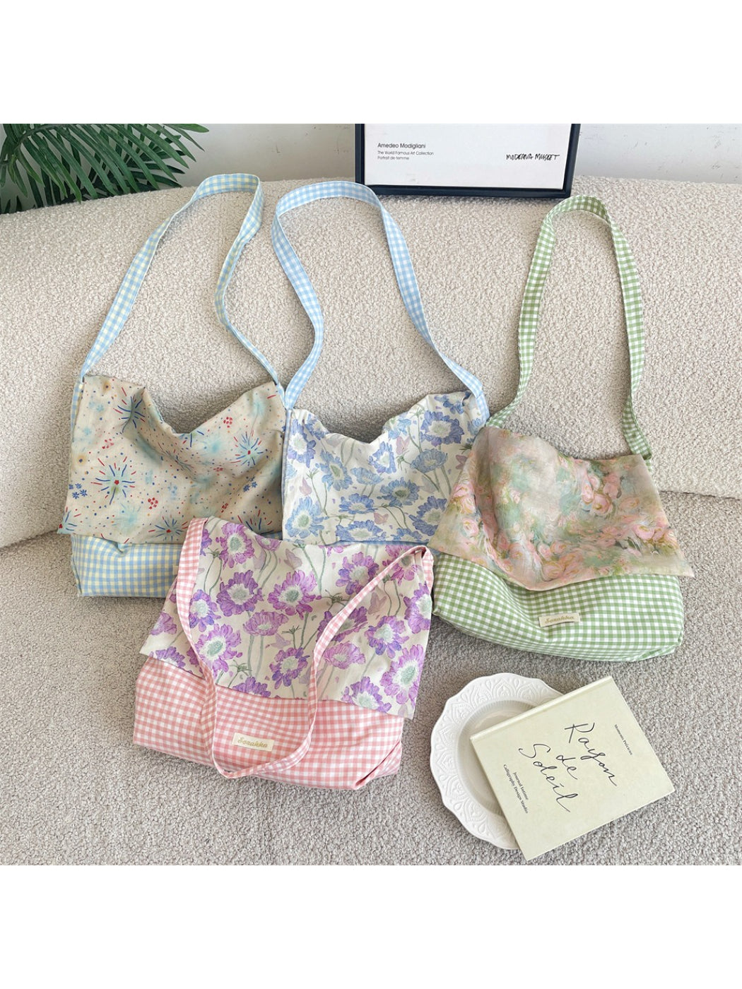 Cosbai gingham floral patchwork tote bag with black handles on white background