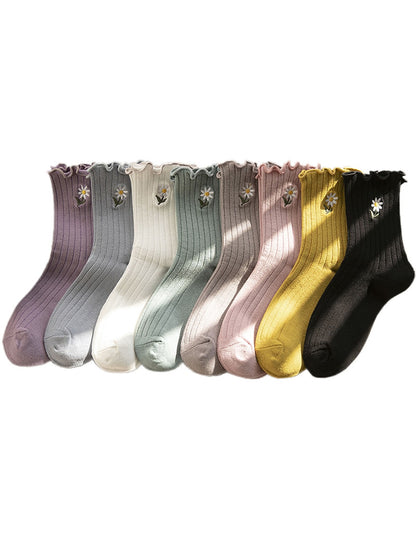 Rufia - Ruffle Trim Flower Embroidery Crew Socks