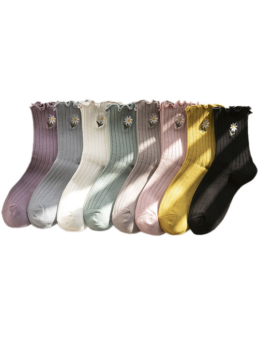 Rufia - Ruffle Trim Flower Embroidery Crew Socks