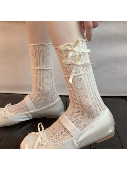 Rufia - Double Bow Openwork Heart Pattern Crew Socks