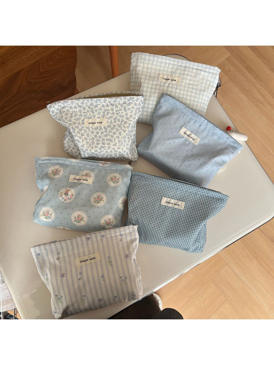 Cosbai - Blue Tones Plaid and Floral Makeup Bag
