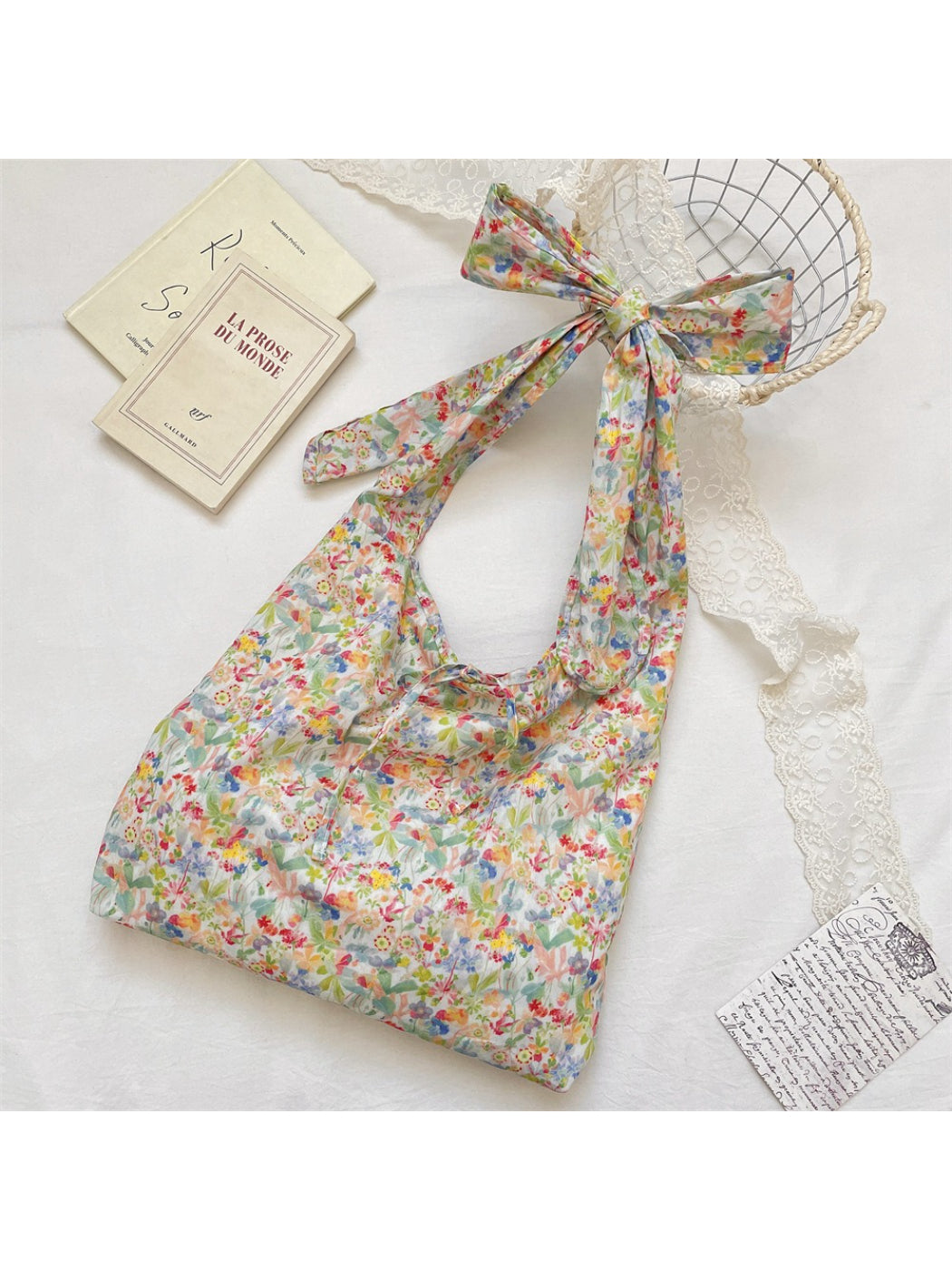 Cosbai Ditsy Floral Bow Strap Tote Bag front view with floral pattern and bow detail